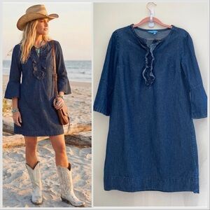 Draper James Chambray Ruffle Shift Dress Sz 4 Denim Bell Sleeve Coastal Cowgirl